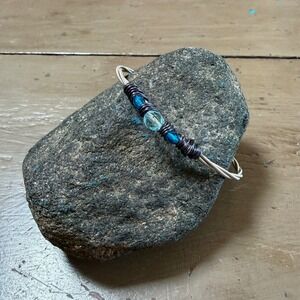 Handmade Guitar String Bangle Bracelet Blue Crystal Wire Wrapped Upcycle Jewelry